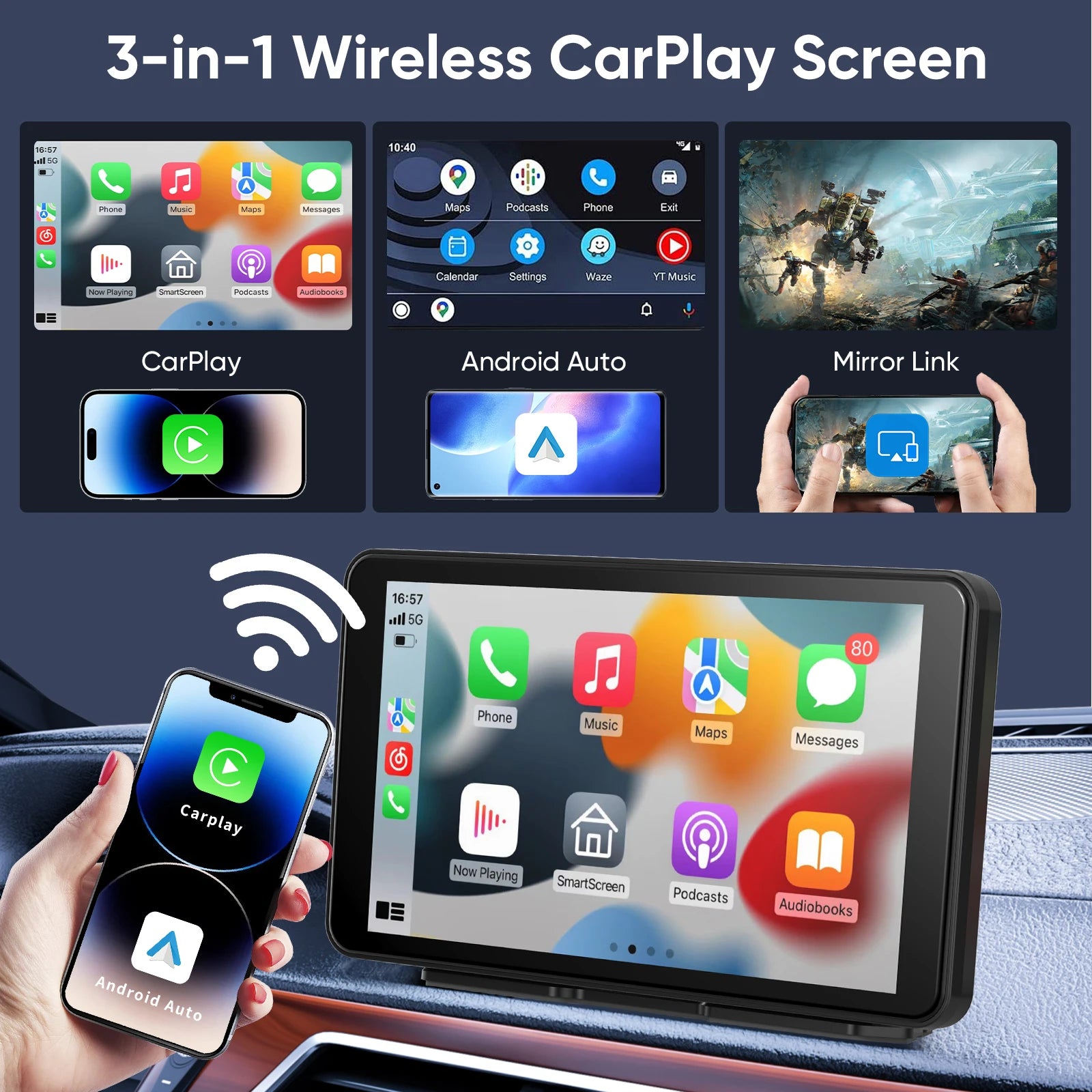 7/10 Inches Android Auto Universal Portable Carplay for Car Screen Car Radio Video Wireless Carplay Screen for Apple