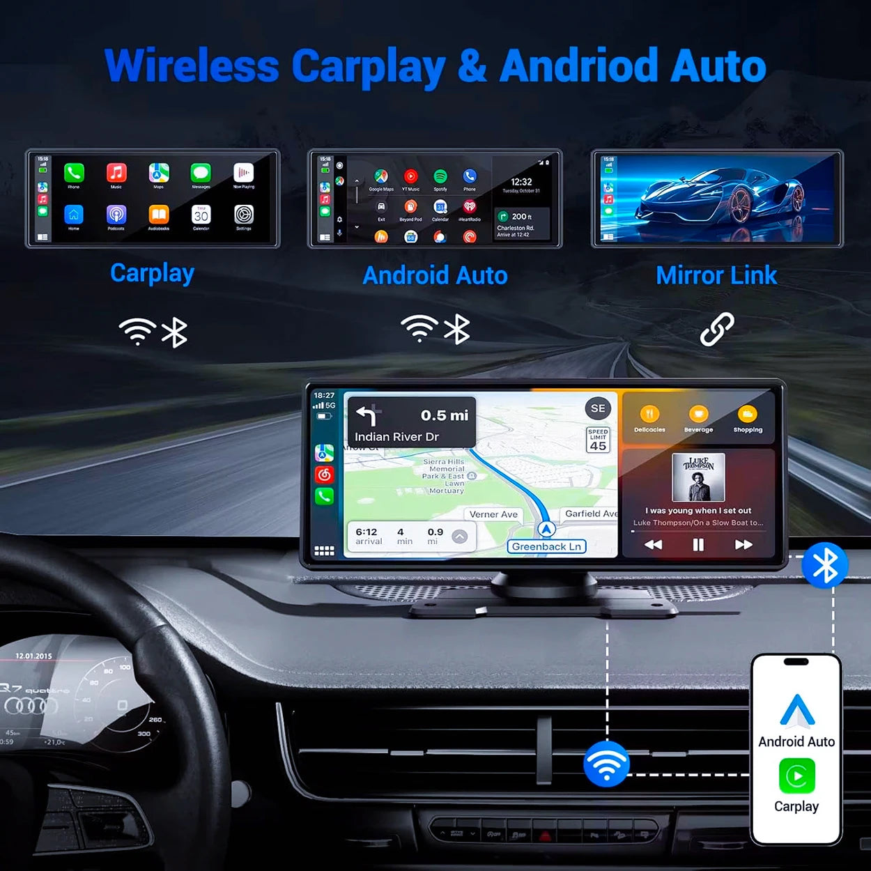 7/10 Inches Android Auto Universal Portable Carplay for Car Screen Car Radio Video Wireless Carplay Screen for Apple