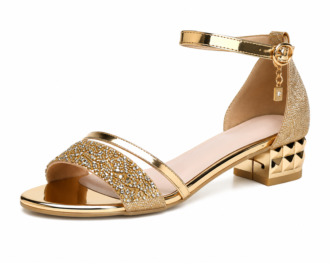 Valeria | Sandalias de tacón bajo con brillo elegante