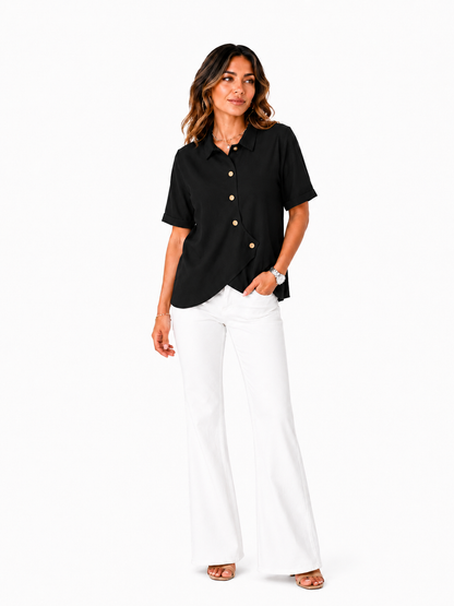Julia | Blusa asimétrica de algodón y lino con botones